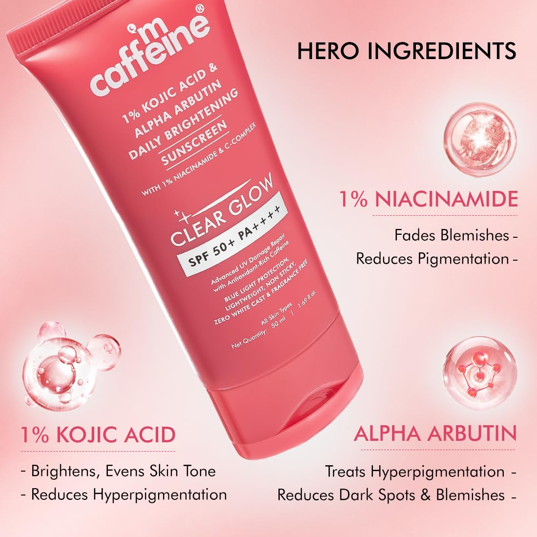 Caffeine skincare product with ingredients listed on a pink background