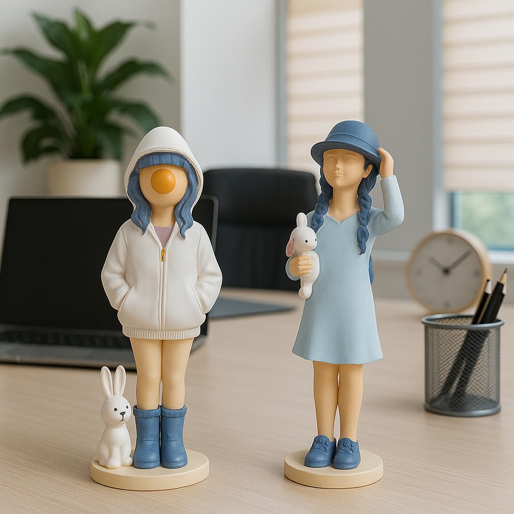 Cute Girls Statue for Home Decor | Table Decor (Pack of 2, White & Blue)