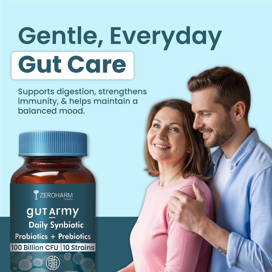 Gut Army Prebiotics & Probiotics | 10 Unique Strains 100 Billion CFU With Inulin | Digestion, Colon Cleanse, Skin Health, Gut Care Supplement for Constipation, Bowel Movement | 60 Capsules By ZEROHARM