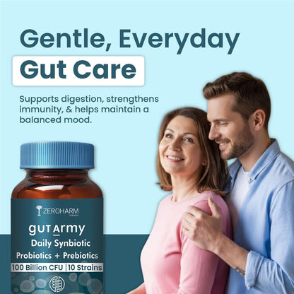 Gut Army Prebiotics & Probiotics | 10 Unique Strains 100 Billion CFU With Inulin | Digestion, Colon Cleanse, Skin Health, Gut Care Supplement for Constipation, Bowel Movement | 60 Capsules By ZEROHARM