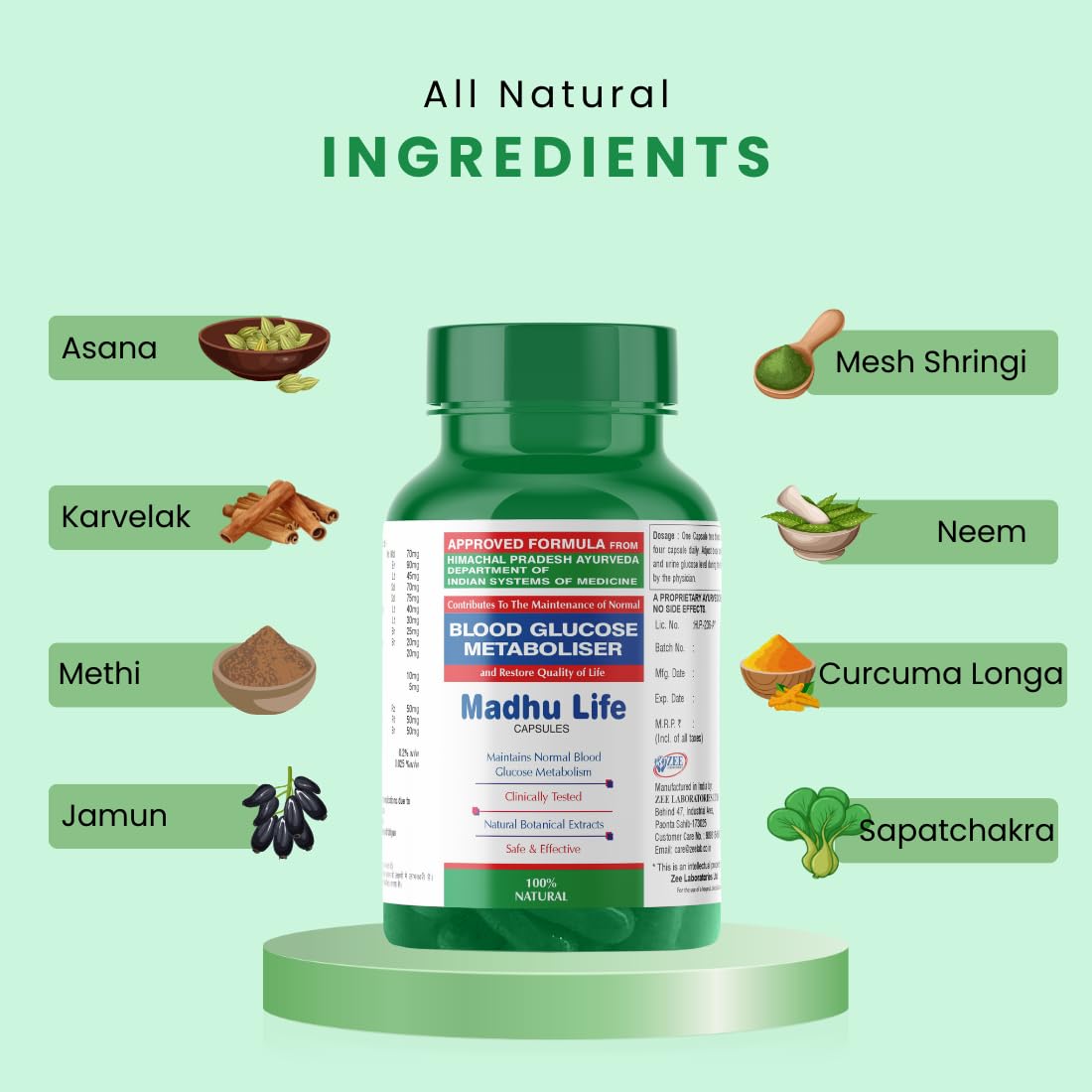 Green supplement bottle labeled 'Madhu Life' with natural ingredients on a green background