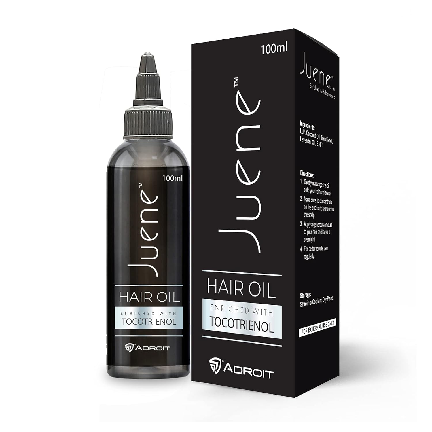 Juene hair oil bottle and packaging on a white background