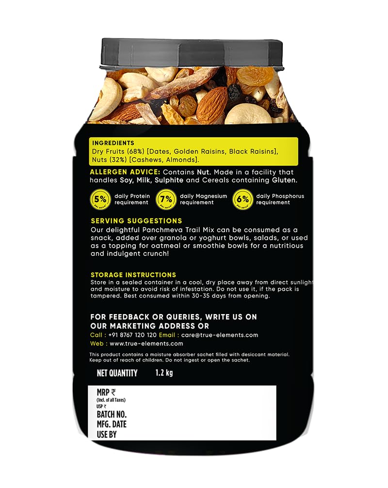 True Elements Panchmeva 1.2kg - Fasting Special Trail Mix | Premium Dry Fruits | 5 Nuts - Almonds, Cashews, Dates, Raisins, Black Currant | Dry Fruits Mix | Healthy Snacks