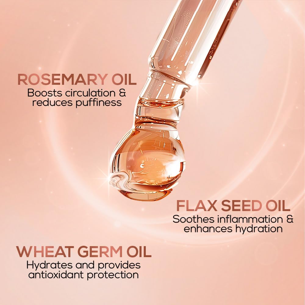 Glass dropper with rosemary, flax seed, and wheat germ oils on a pink background