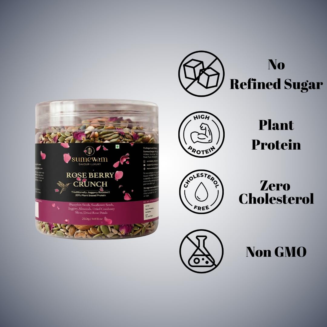 Sumewam Jaggery Roasted Seed/Trail Mix 250gm For Eating - Rose Berry Crunch, Roasted Pumpkin Seeds, Sunflower Seeds & Berries Mix with Jaggery, Almonds & Dried Rose Petals, High Plant Protein Healthy Snack