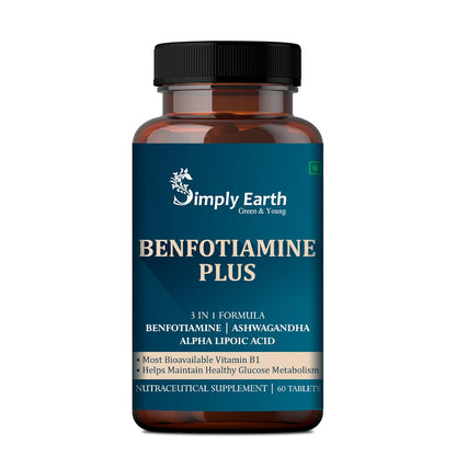 Simply Earth Benfotiamine+ 600mg with Ashwagandha & Alpha Lipoic Acid - Helps Maintain Blood Sugar Levels Supplement - Promotes Nerve Health & Metabolic Function - High Potency B1 Vitamin Supplement - 60 Tablets