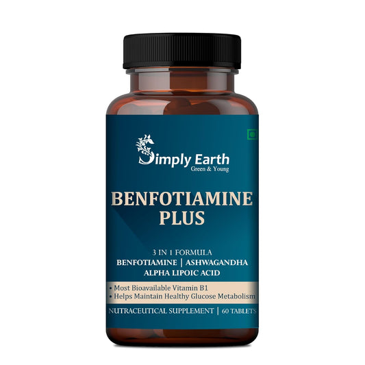 Simply Earth Benfotiamine+ 600mg with Ashwagandha & Alpha Lipoic Acid - Helps Maintain Blood Sugar Levels Supplement - Promotes Nerve Health & Metabolic Function - High Potency B1 Vitamin Supplement - 60 Tablets