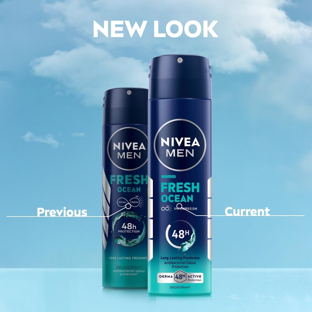 NIVEA Men Fresh Ocean Deodorant Spray, 150ml | 48 H Active Odour Protection | Fresh Long Lasting Deo for men | Fights Odour causing bacteria | Aqua and Sandalwood | 150ml