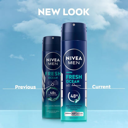 NIVEA Men Fresh Ocean Deodorant Spray, 150ml | 48 H Active Odour Protection | Fresh Long Lasting Deo for men | Fights Odour causing bacteria | Aqua and Sandalwood | 150ml
