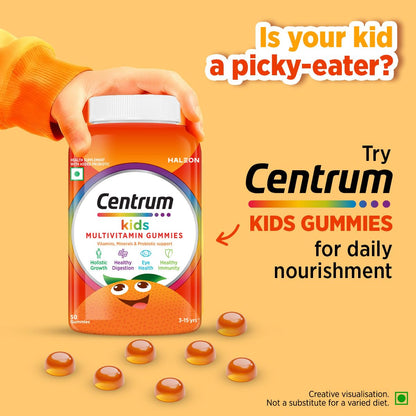 Centrum Kids- Multivitamin Gummies for Kids | Non-Habit Forming | With Zinc, Vitamin B, C, D for Overall Growth, Healthy Digestion, Eye Health, Immunity | Tasty Orange Flavour | Veg - 50 gummies