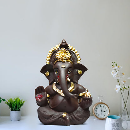 Gold Plated Ganesha Idol for Office Desk Puja Room God Ganesha Idol for Home Decor Ganpati for Sculpture, Religious Gift 3.5 inches (8.89 x 5.08 cm) (Brown), Resin, Religious