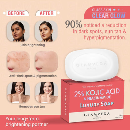 Glamveda 2% Kojic Acid & Niacinamide Luxury Soap packaging with before and after effects on skin.