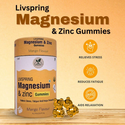 LivSpring Magnesium & Zinc Gummies | 200 mg Elemental Magnesium | Relieve Stress & Fatigue | Speeds Up Recovery for Men & Women | High Absorption | 30 Gummies in Tasty Mango Flavour | No Added Sugar | 100% Vegetarian