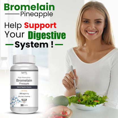 Woman eating a salad with a bottle of Bromelain Pineapple supplement in front of her.