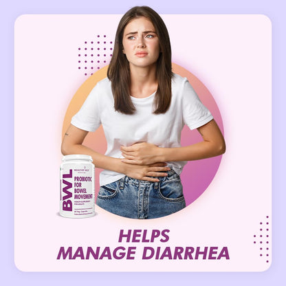 Woman holding her stomach with a BVL probiotic supplement, text 'HELPS MANAGE DIARRHEA' on a light purple background.