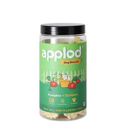 Applod Pumpkin with Turmeric Dog Biscuits for Puppies & Adult Dogs | Oven-Baked Crunchy Dog Treats Made with Real Ingredients | Healthy Training & Reward Snacks | 420g