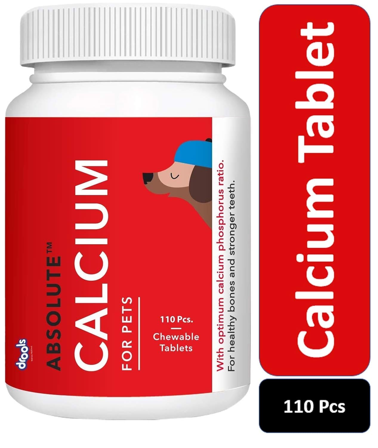 Bottle of Absolute Calcium for pets with a red label and white cap.