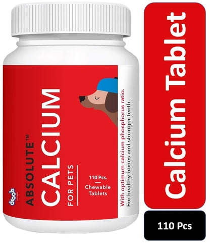 Bottle of Absolute Calcium for pets with a red label and white cap.