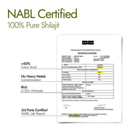 NABL Certified 100% Pure Shilajit with a lab report on a white background