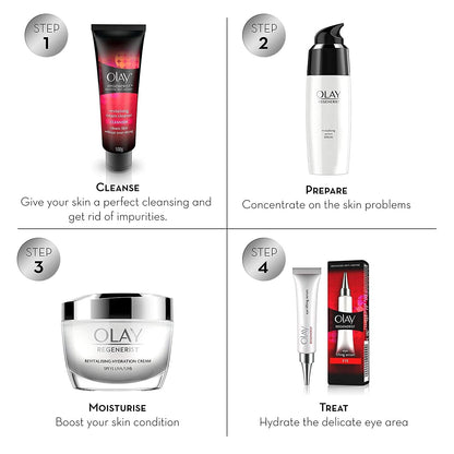 Olay skincare product steps on a white background