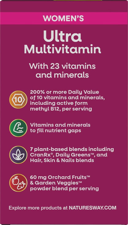 Women's Ultra Multivitamin package with purple background and text detailing product features.