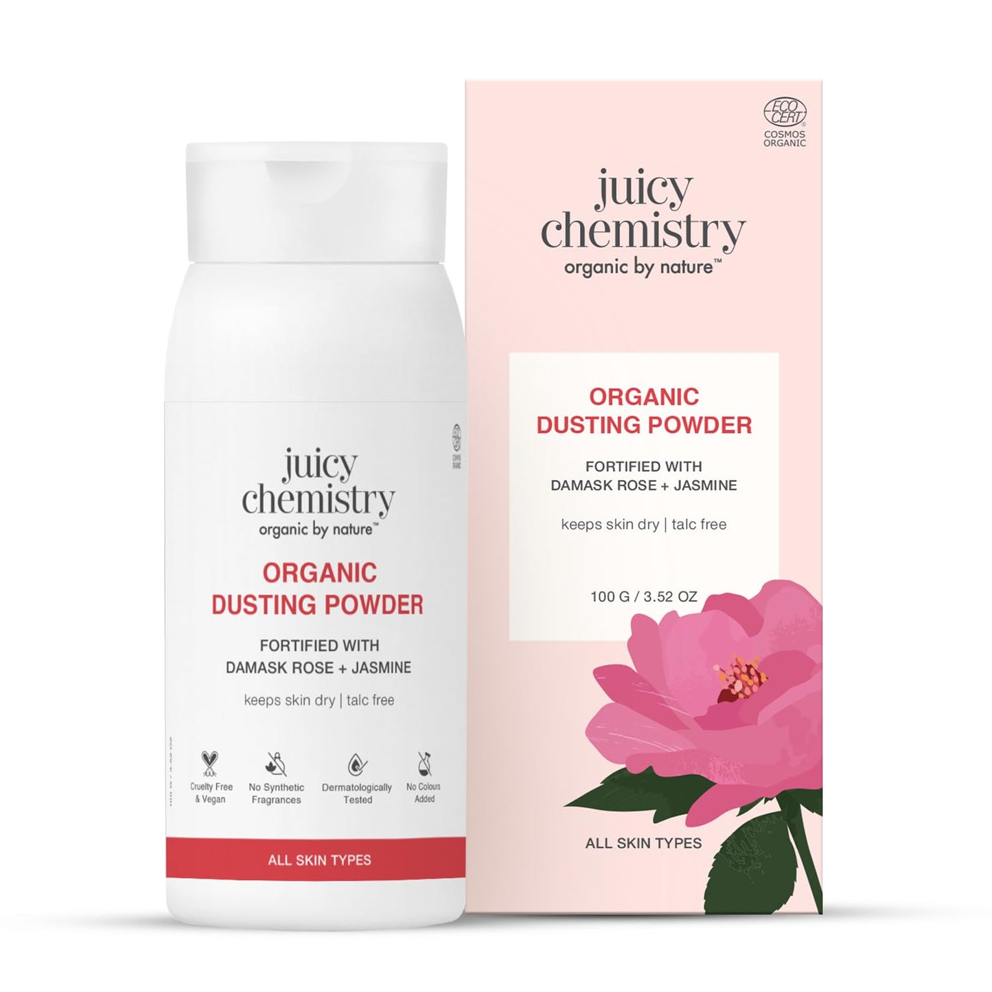 Juicy Chemistry 100% Organic Dusting Powder with Damask Rose + Jasmine, 100g | Refreshing & Cooling Face & Body Powder | Controls Oil, Sweat, Odour & Itching | Soothes Irritated Skin | Talc-Free | Dermatologically Tested