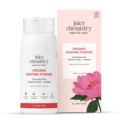 Juicy Chemistry 100% Organic Dusting Powder with Damask Rose + Jasmine, 100g | Refreshing & Cooling Face & Body Powder | Controls Oil, Sweat, Odour & Itching | Soothes Irritated Skin | Talc-Free | Dermatologically Tested