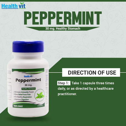 Health vit peppermint supplement bottle with directions on a green and white background