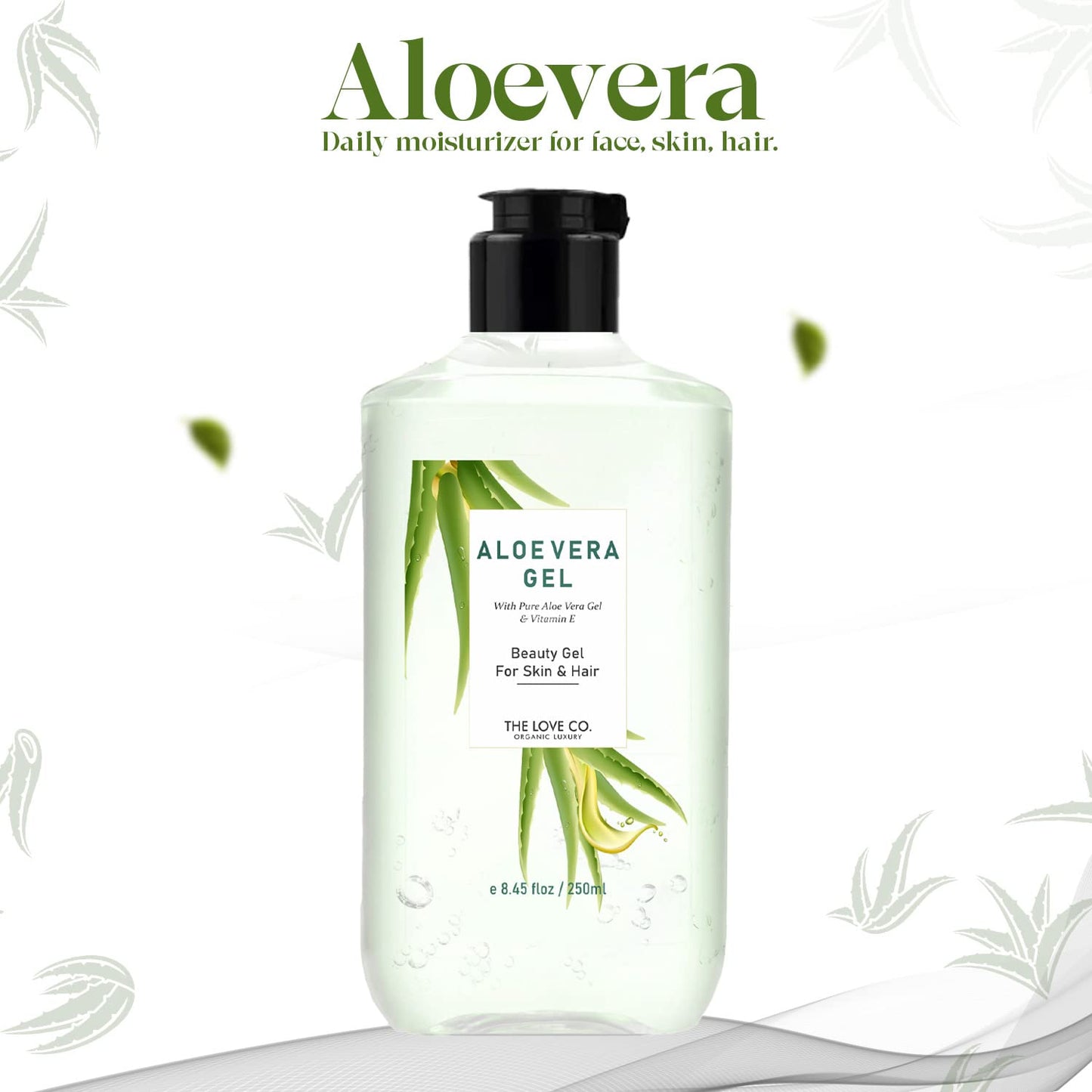 Aloe vera gel bottle with branding on a white background