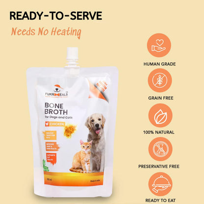 FurrMeals Chicken Bone Broth for Dogs & Cats | Food Topper for Picky Eaters | Rich in Natural Collagen for Bone & Gut Health | Hydration Support | Human Grade | No Preservatives | 300ml