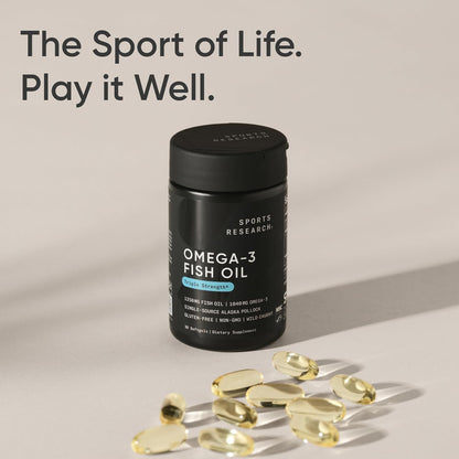 Omega-3 fish oil supplement bottle with capsules on a neutral background
