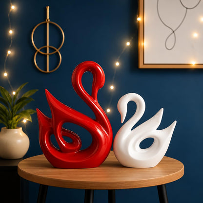 Xtore Lucky Swan Couple Piano Finish Ceramic Figures for Home Decor (Set of 2 Pc, Large, White & Red)