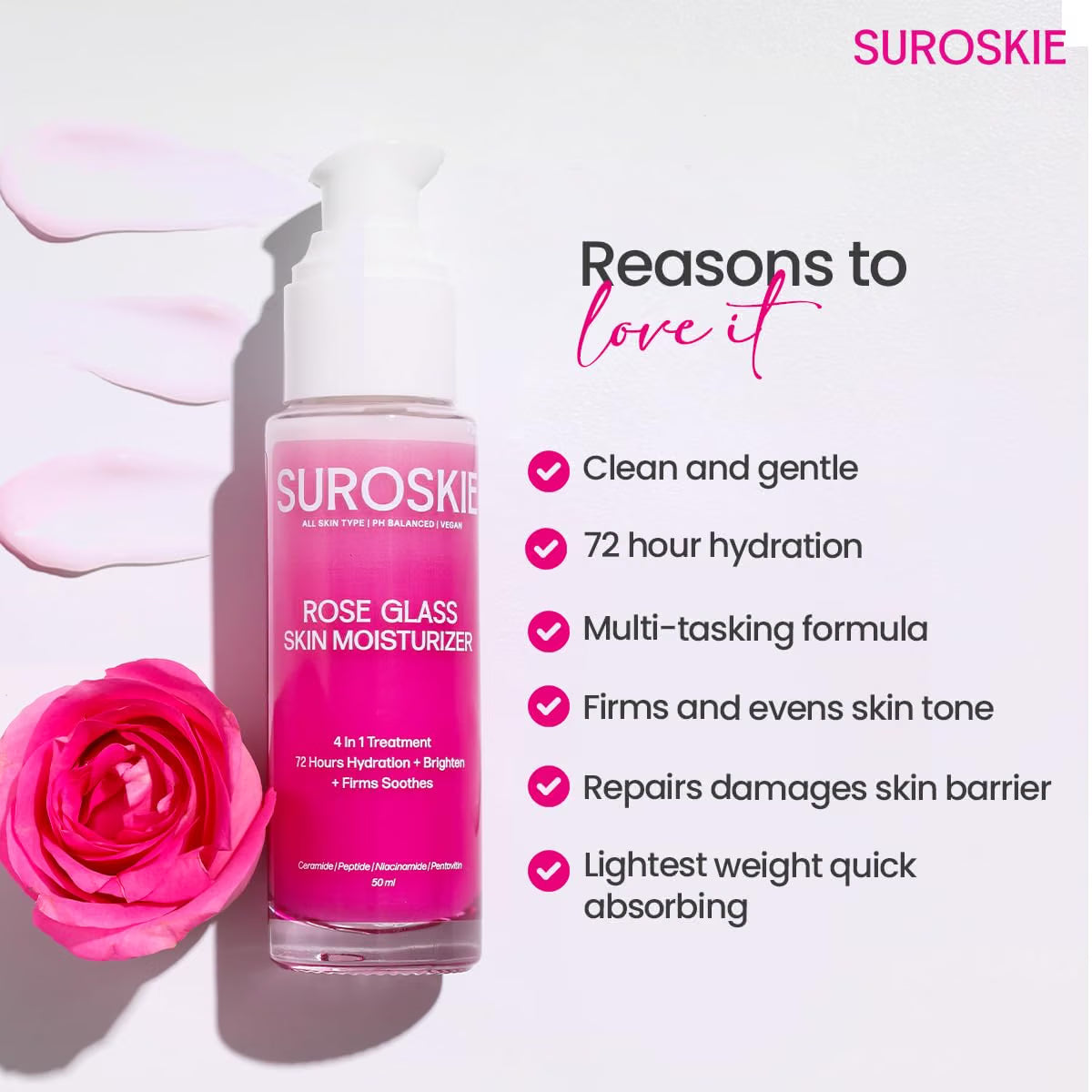 Suroskie Rose Glass Skin Moisturizer 50Ml | Enriched With Collagen, Ceramides & Polyglutamic | 4 In 1 Moisturizer, Glowing, Hydrating & Refreshing Skin | All Skin Types | Skin Care For Women