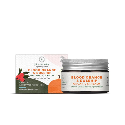 Juicy Chemistry Organic Lip Balm with Blood Orange & Rosehip, 5g | Deeply Moisturising & Brightening Lip Care | Reduces Lip Pigmentation | Dermatologically Tested | 100% Natural | Certified Organic & Cruelty-Free