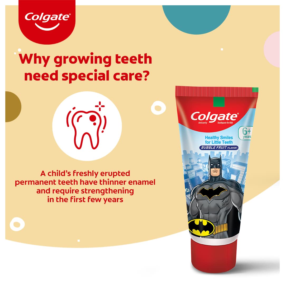 Colgate Kids Toothpaste For 6+ Years, Bubble Fruit Flavour, Gentle Protection, Enamel Protection Tooth Paste With 50% Lesser Abrasive Formula For Protecting Against Cavities, 80 Gram
