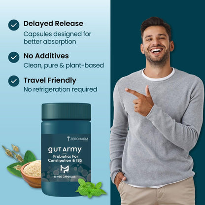 ZEROHARM Gut Army Probiotics for Constipation & IBS | 100 Billion CFU, 11 Strains | Psyllium Husk (Isabgol) & Peppermint | Gas & Bloating Relief, Digestive Comfort, Bowel Regularity | Men & Women | 60 Capsules