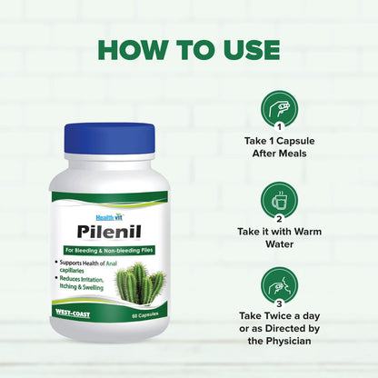 Pilenil supplement bottle with usage instructions on a white background