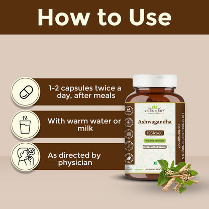 Veeck Roots Ashwagandha KSM-66 supplement bottle with usage instructions on a beige background