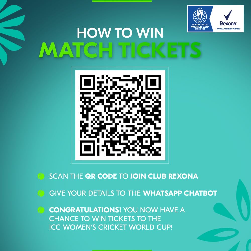 Promotional graphic for winning ICC Women's Cricket World Cup tickets with a QR code and Rexona logo.