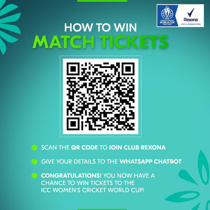 Promotional graphic for winning ICC Women's Cricket World Cup tickets with a QR code and Rexona logo.