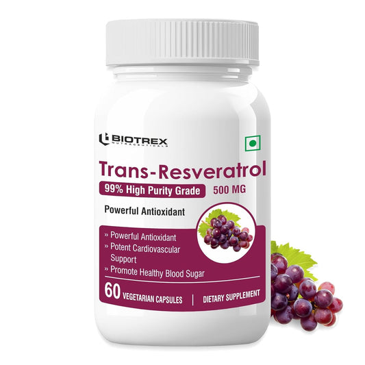 Biotrex Nutraceuticals Trans Resveratrol 500mg | 99% High Purity Grade | Grape Skin Extract | Supports Blood Sugar Levels & Healthy Heart | 60 Veg Capsules