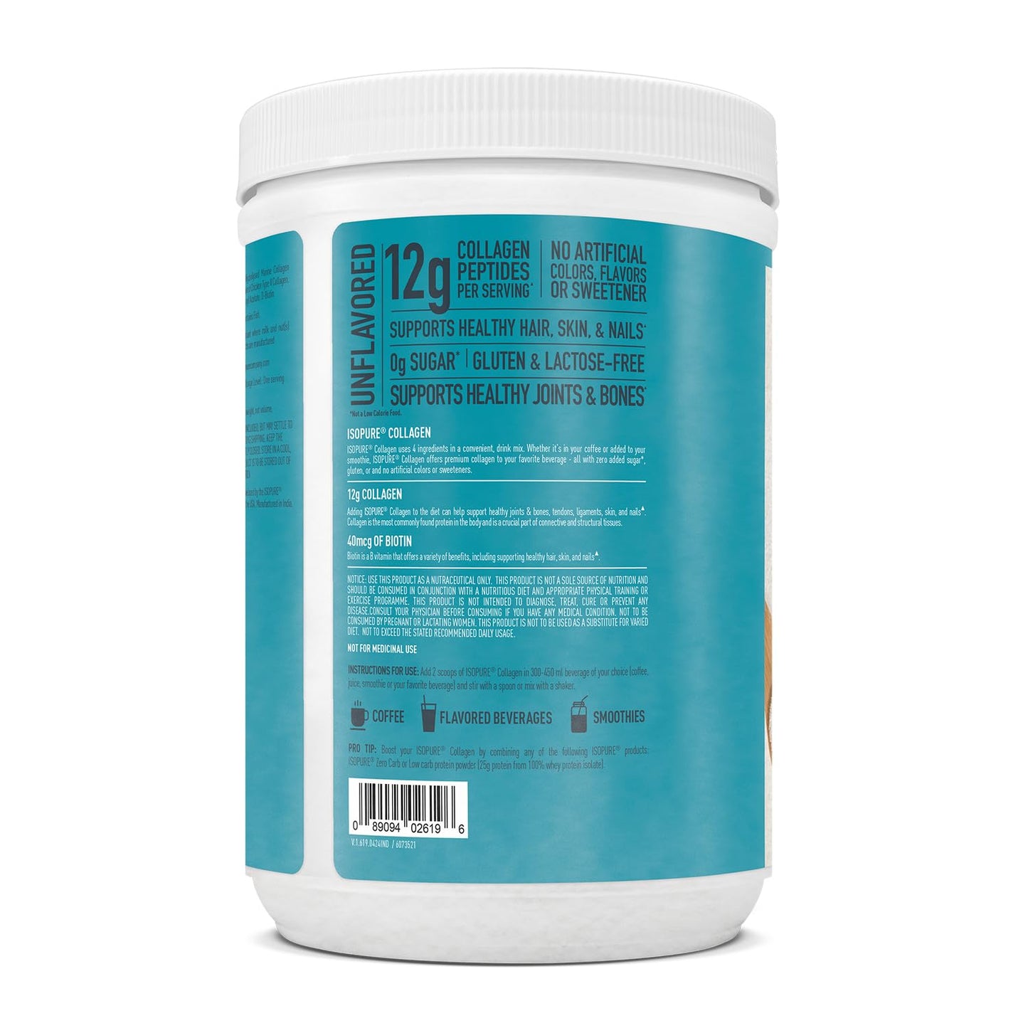Collagen powder container with blue label on a white background