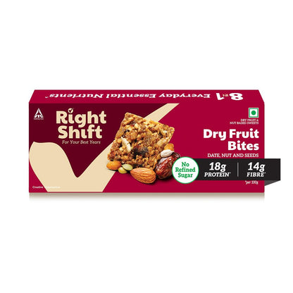 Right Shift Dry Fruit Bites, 18g Protein, 14g Fibre, No Refined Sugar, Lactose Free, No Palm Oil, Date Nut and Seeds, 160g