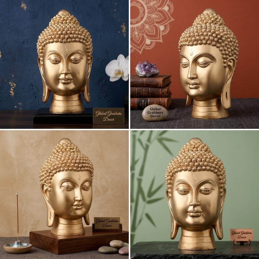 New face Head Buddha Statue showpiece Idol Home Decor Items for Living Room and Gifts (Golden 1)
