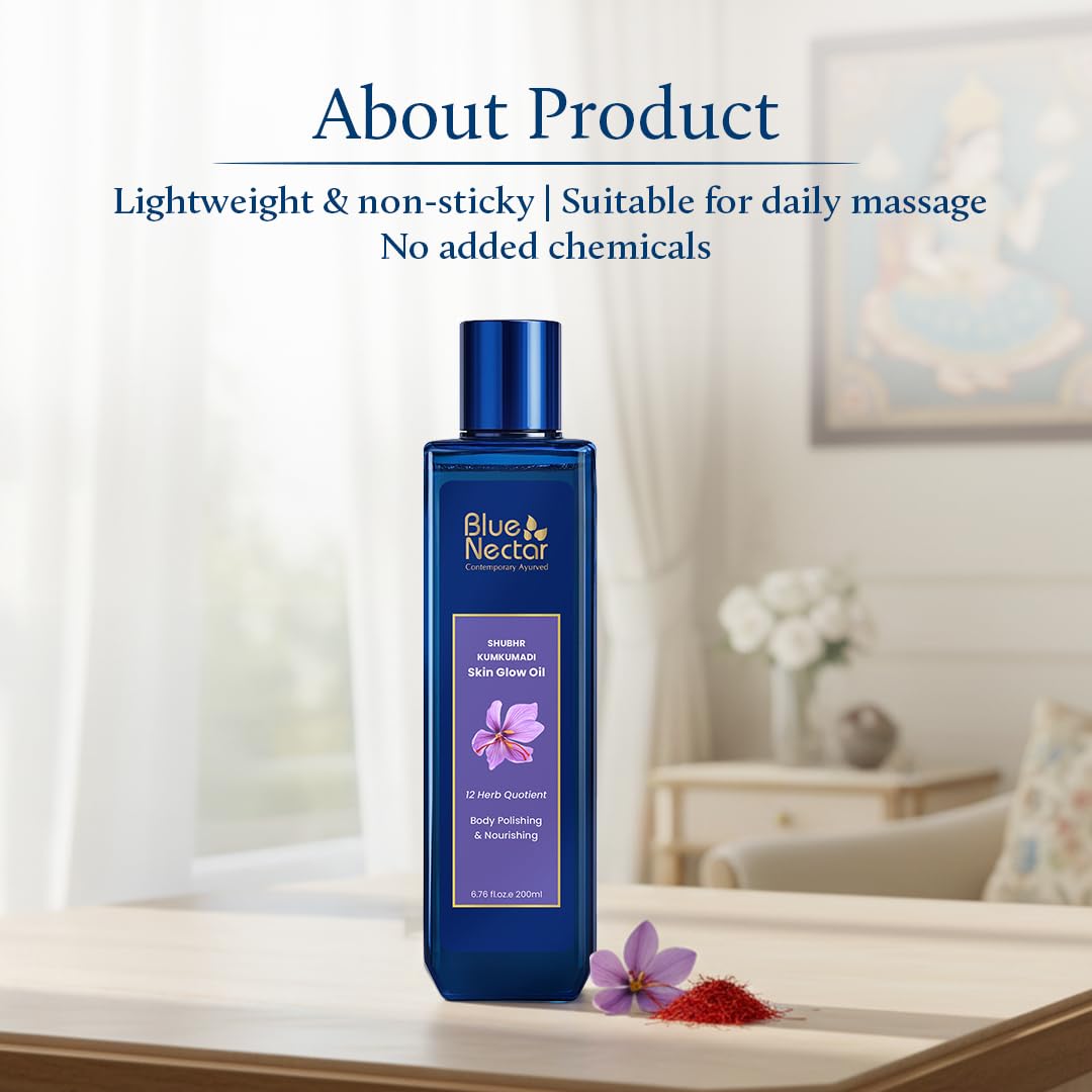 Blue Nectar Shubhr Kumkumadi Body Oil for Glowing Skin | Ayurvedic Moisturizing Body Oil After Bath for Daily Use for Even Skin Tone & Dark Spots (12 Herbs, 100 ml)