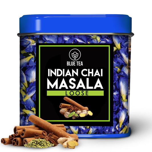 BLUE TEA - Indian Chai Masala Tea | Calming Masala Tea - 50g - 50+ Cups | MASALA SPICY TEA | Ginger, Cardamom, Cinnamon | Caffeine-Free | Herbal Tea | Tin Pack