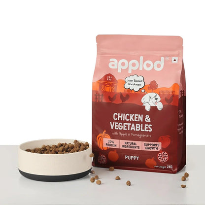 Applod Chicken & Vegetables with Apple & Pomegranate Puppy Dry Dog Food | 30% High-Protein Oven-Baked Nutrition for Growth & Development | Made with Real Ingredients | Vet-Reviewed Formula | 150g