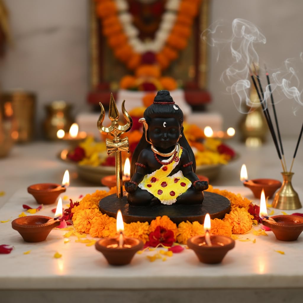 Bal Shiva Idol for Home Decor | Meditating Mahadev Statue with Trishul for Puja Room, Temple & Spiritual Gift