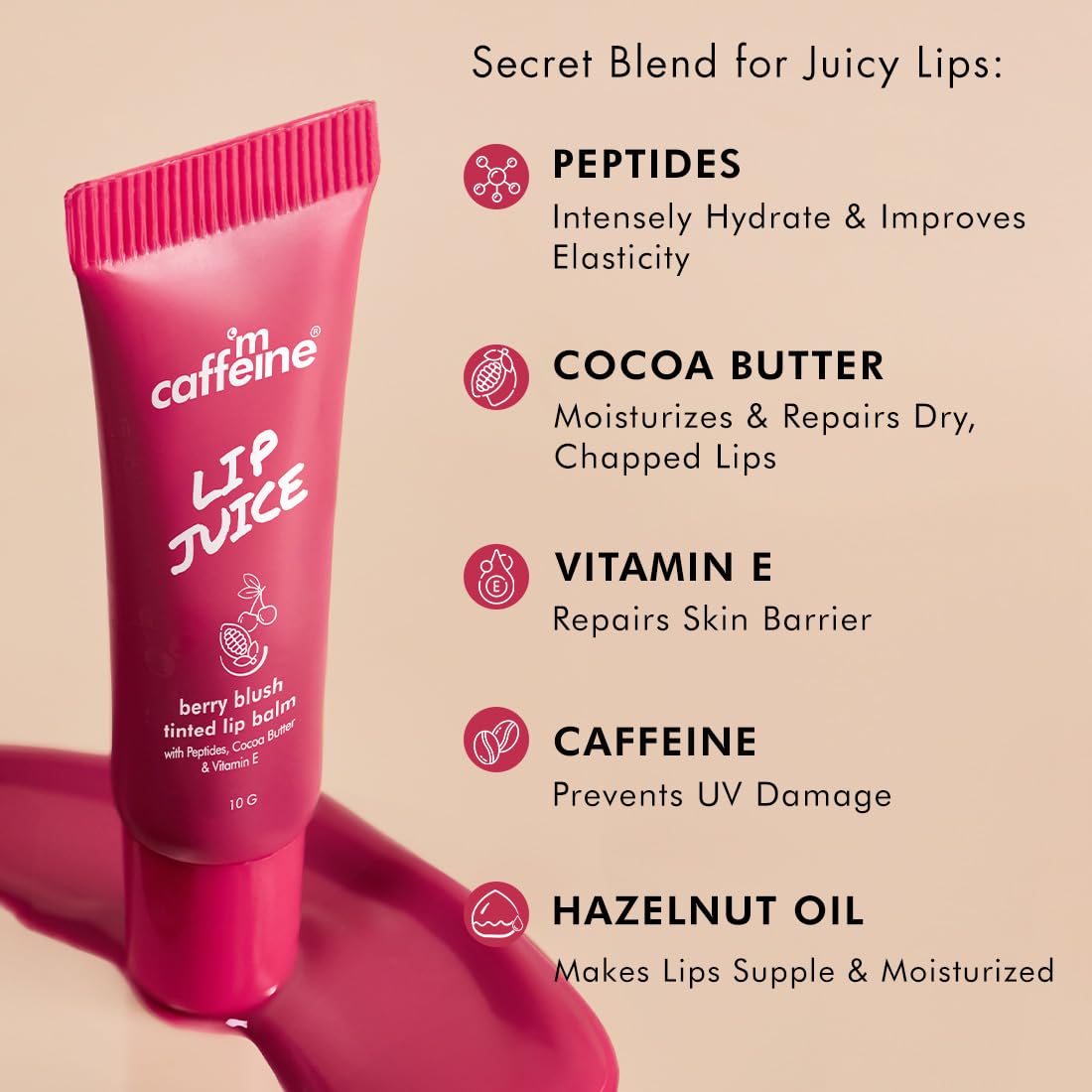 mCaffeine Lip Juice Tinted Lip Balm - Berry Blush | 24 hrs Moisturization | With Peptides, Cocoa Butter & Vitamin E | Heals Dry & Chapped Lips | Lip Balm For Women | Sheer Pink Tint - 10g