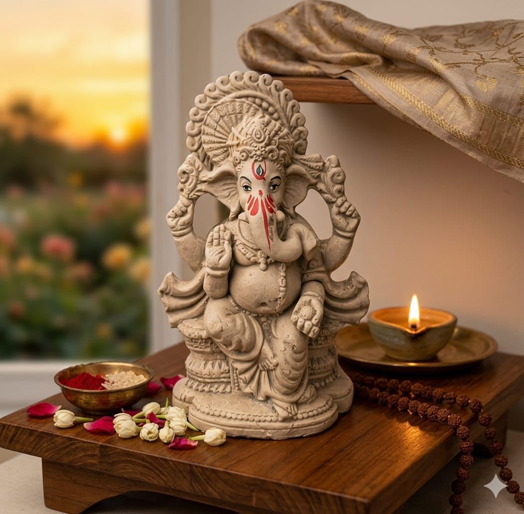 SAUDEEP INDIA 8 Inch Mitti Ganesh Idol | Eco-Friendly Handcrafted Mud/Clay Ganesh Murti | Ganpati Figurine for Ganesh Chaturthi Visarjan | Biodegradable Mukut Ganesha Statue